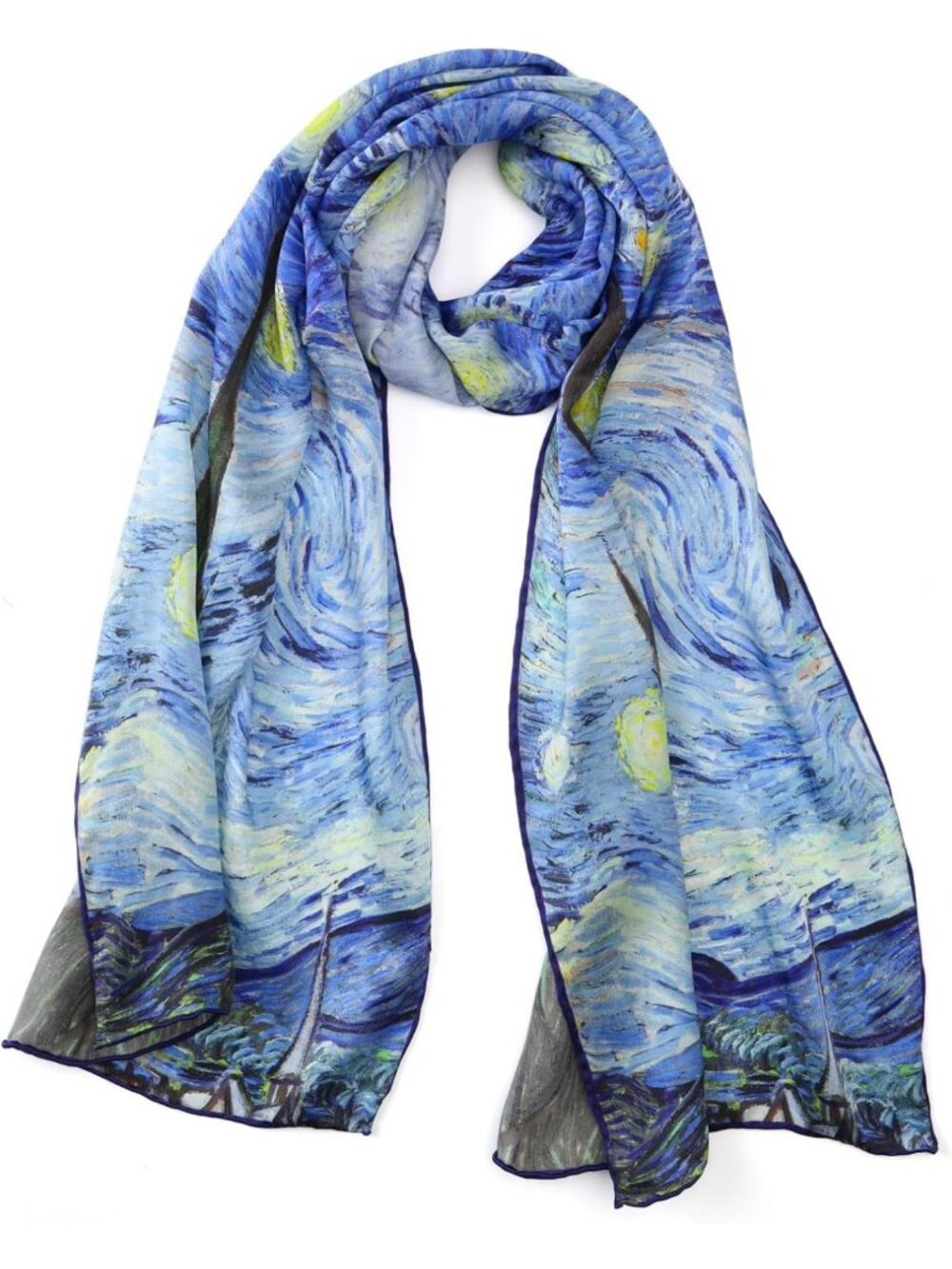 Elegant Long Charmeuse Silk Scarf with Classic Art Print - Fashion Accessory